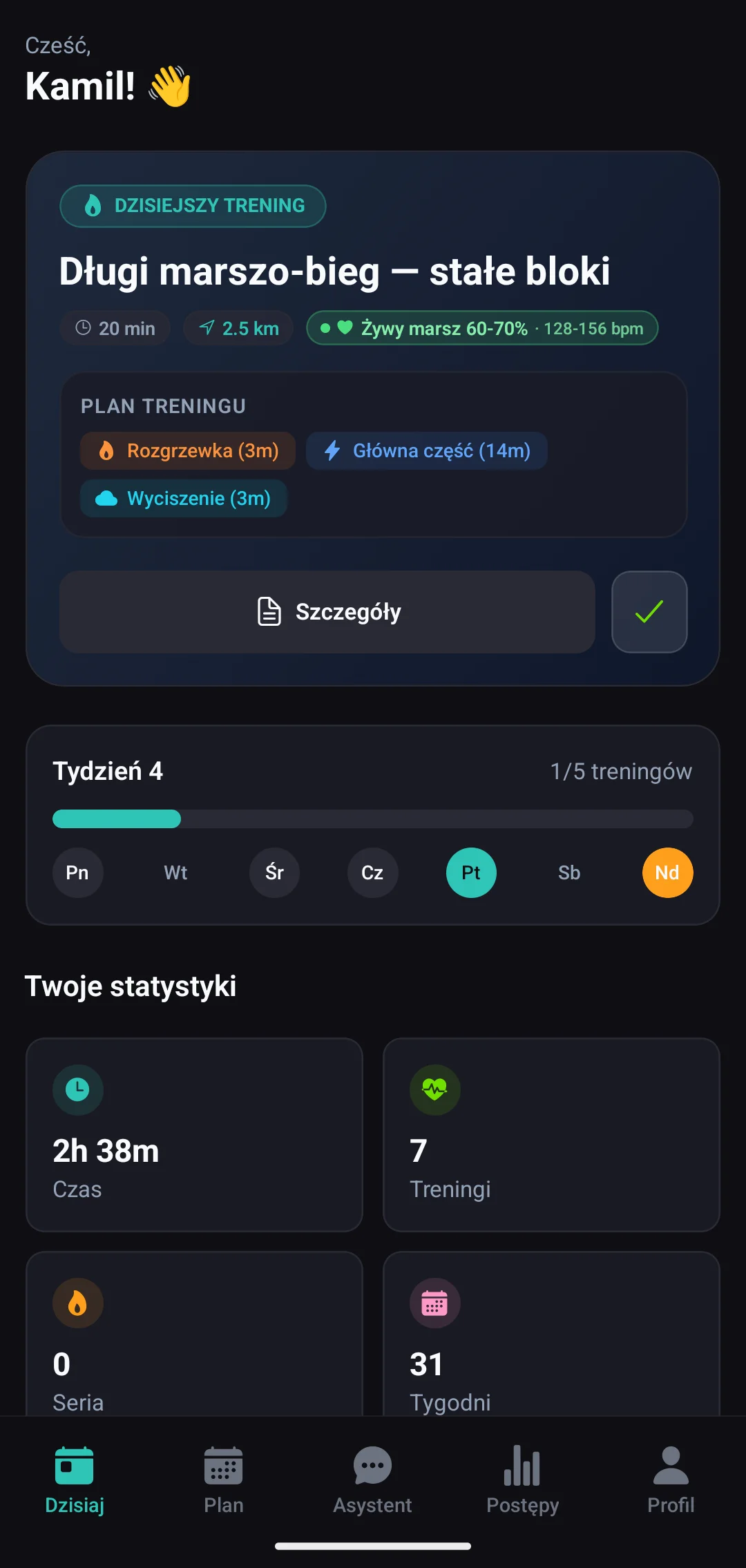 Ekran „Dzisiaj” w aplikacji ZnanyTrener.AI z dzisiejszym treningiem i postępem tygodnia